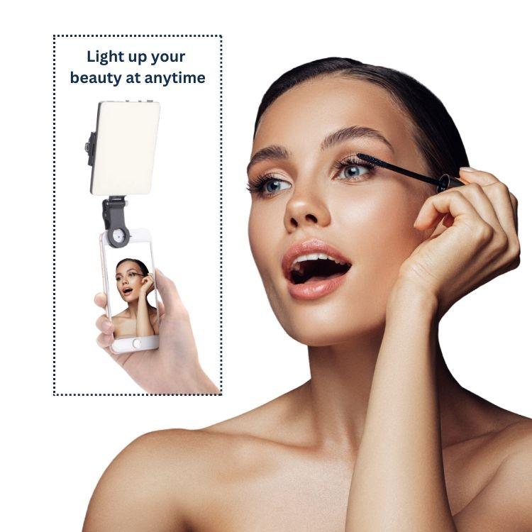 Millennial woman use clip fill light on her phone for fast touch up