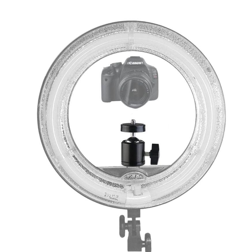 Ball head pivot attached to the ring light to mount the dslr camera
