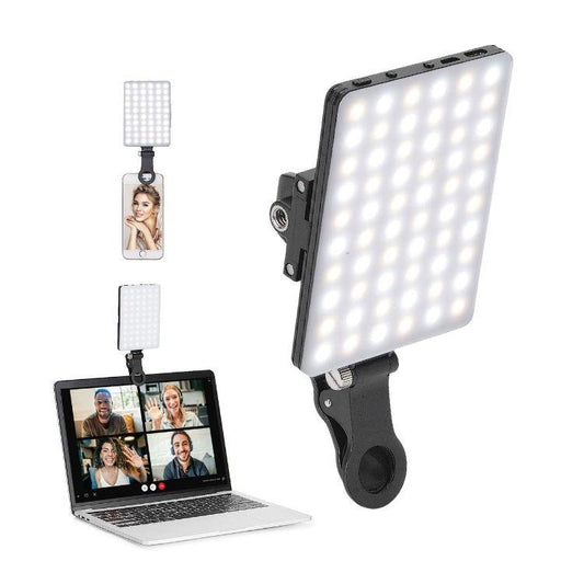 High Power Rechargeable Clip Fill Video Light with Front & Back Clip attached to the laptop and mobile phone