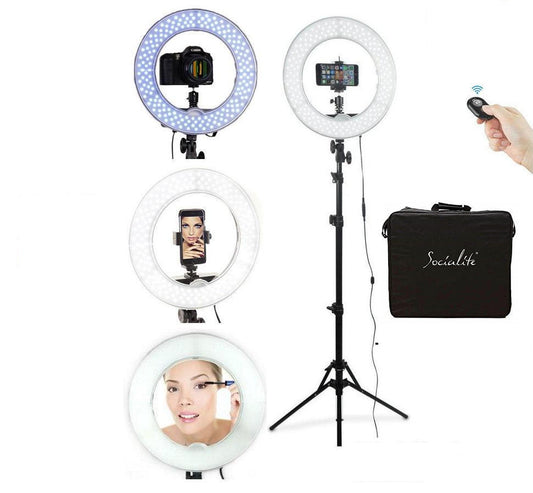 Socialite 12 inch LED Ring light set with mirror, stand, remote, carry bag 