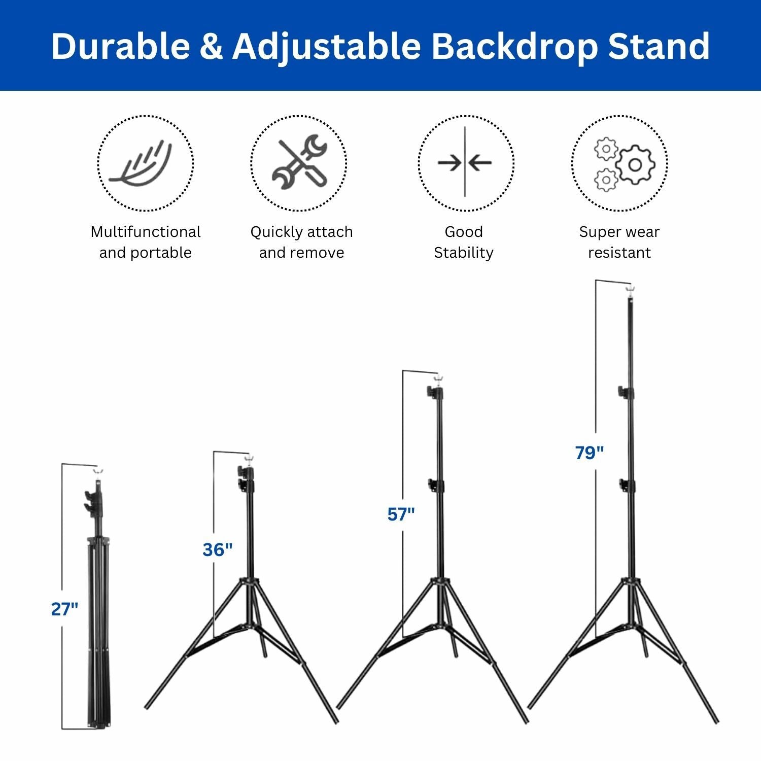 Adjustable backdrop stand with its dimension