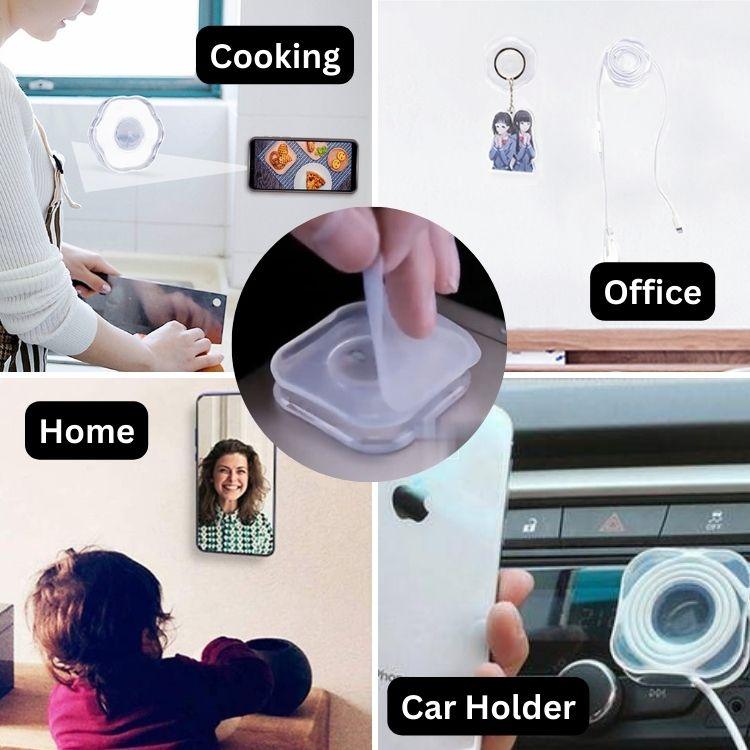 Multiple use of sticky pad phone holder: use in office, home, car holder and even when cooking 