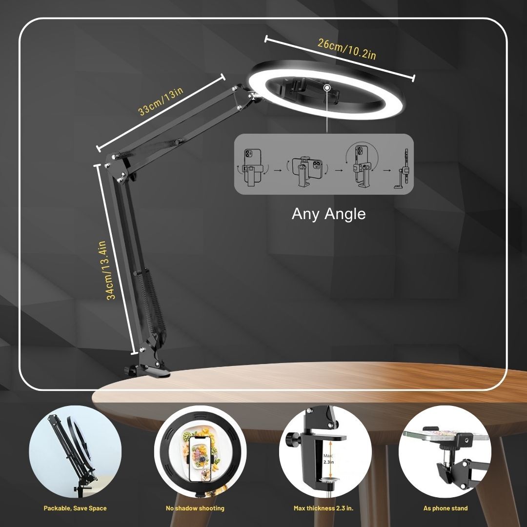 Majestic Aura Overhead Ring Light Desk Mount Boom Arm and Phone Holder