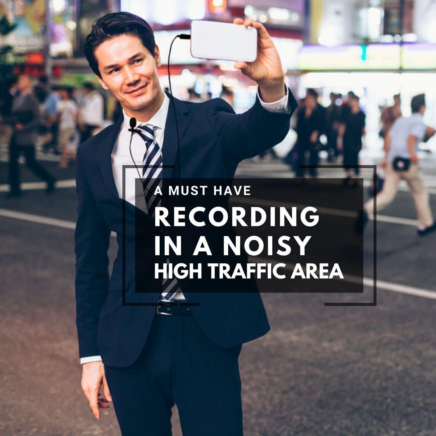 Man recording in a noisy high traffic area using Socialite Microphone - Professional Grade Studio Quality Clip-on Lapel Lavalier Mic 