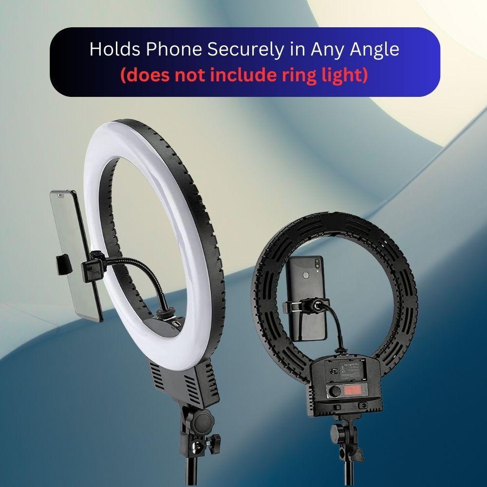 Bendable Phone Holder securely holds phone in any angle on ring light