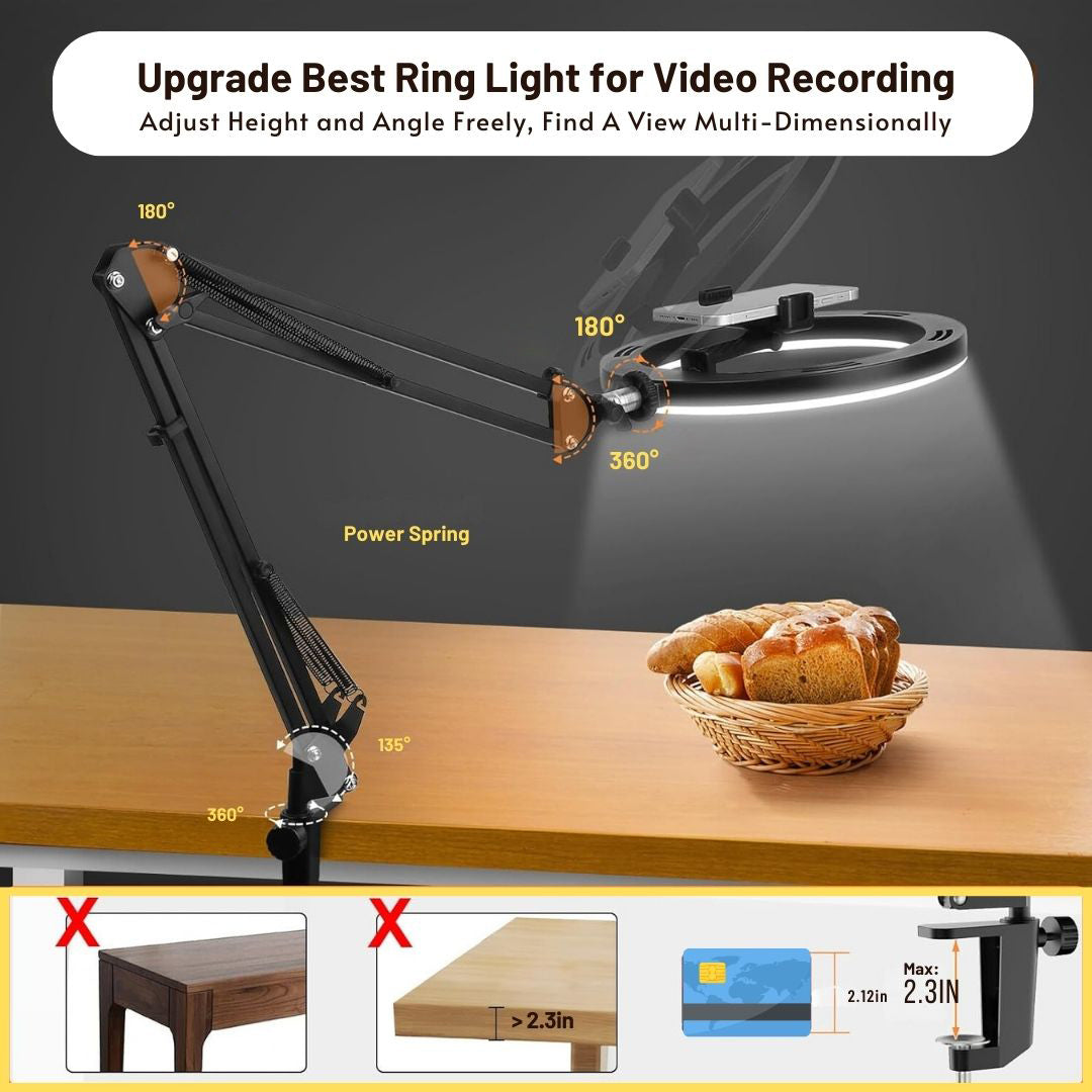 Majestic Aura Overhead Ring Light Desk Mount Boom Arm and Phone Holder