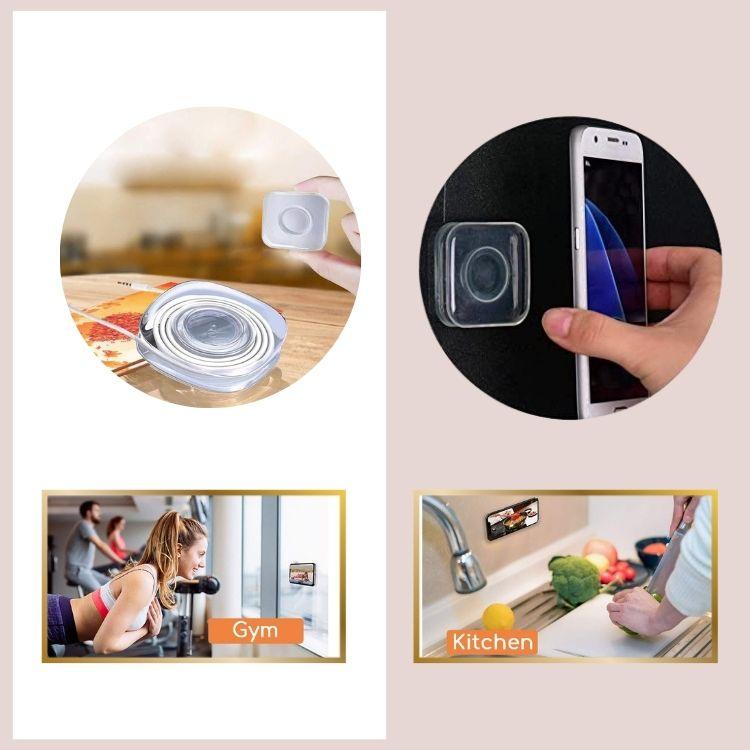 Multiple use of sticky gel pad phone holder: Organize earphone wire, stick phone on the wall while in gym and in kitchen