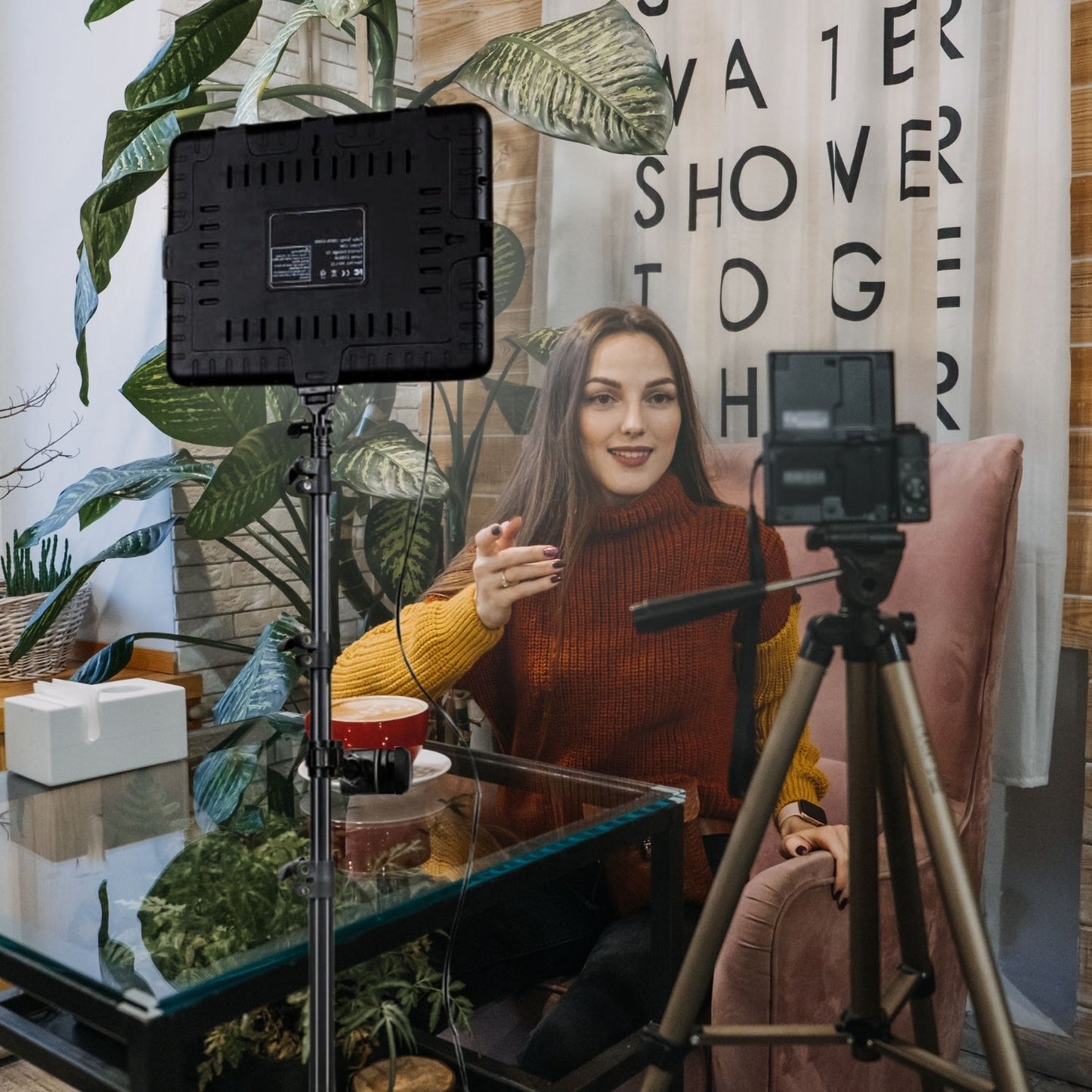 A woman use Panel light in her vlog