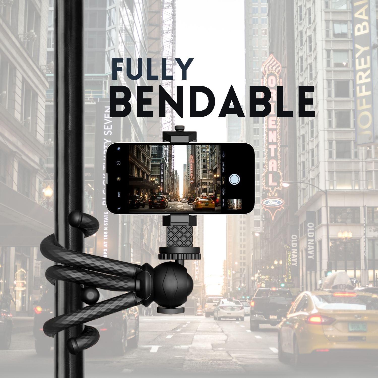 Fully bendable flexible tripod attached to pole on busy steet