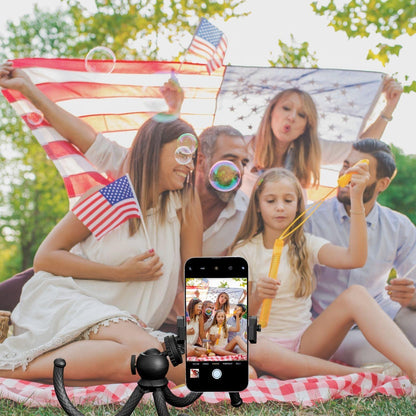 Family portrait outdoors 4th of July with bendable tripod