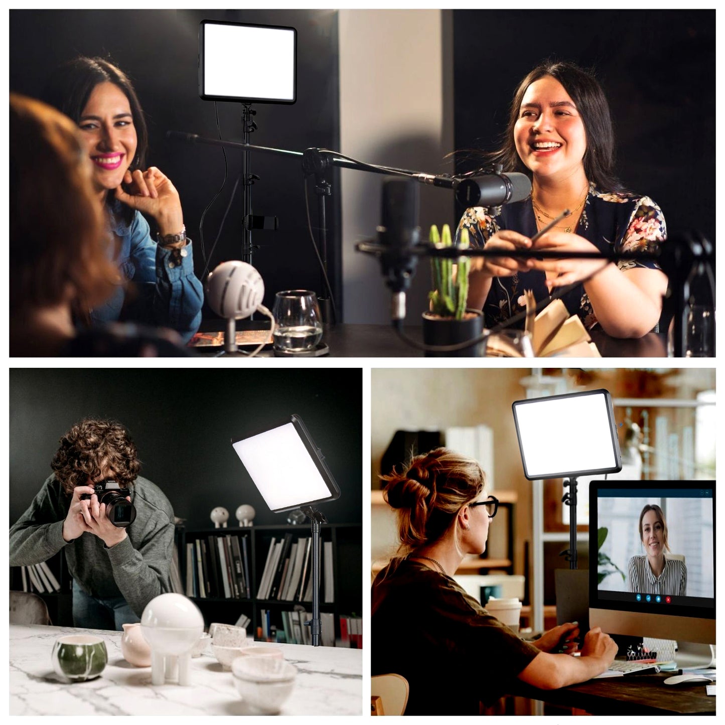 Multiple use of StudioPro 2 PC Panel Lighting: Women Use in podcast, photography and zoom meeting