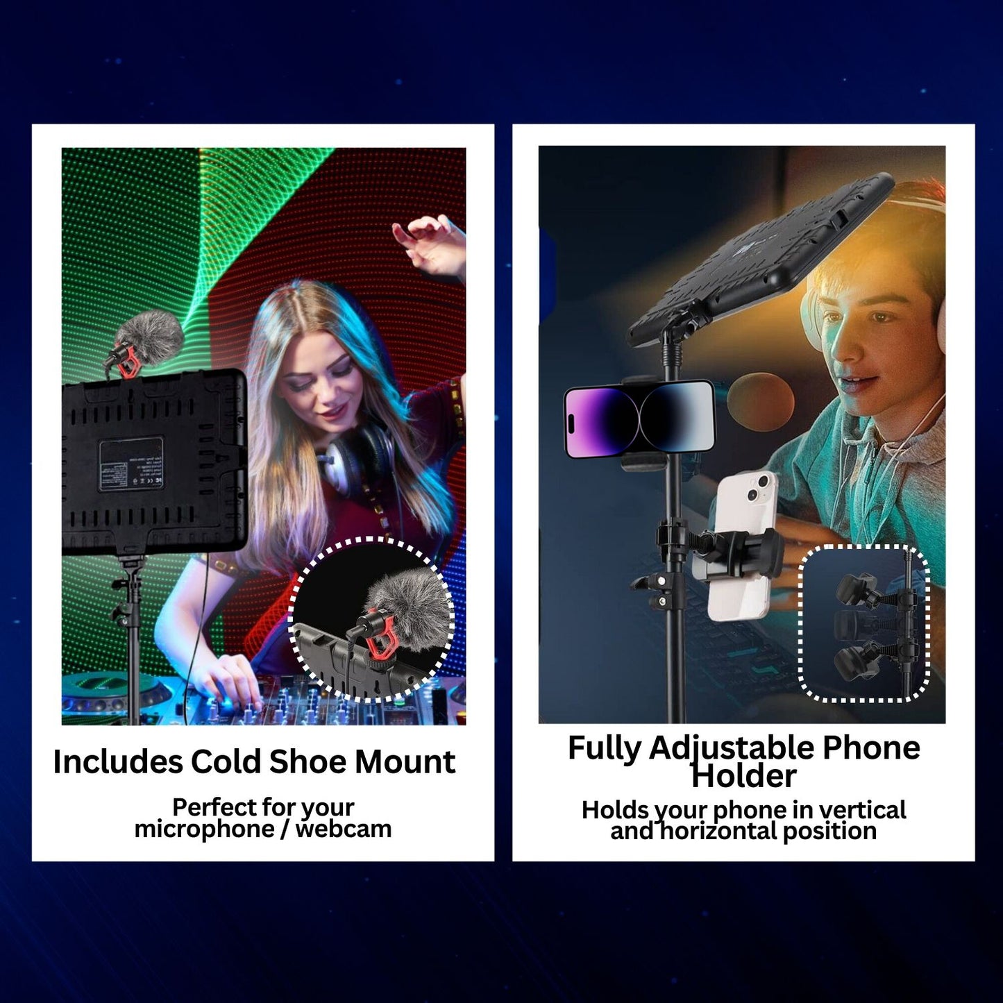 More details of Panel Lighting which includes cold mount shoe and fully adjustable phone holder: woman recording using panel lighting and a content creator attached phone to the panel
