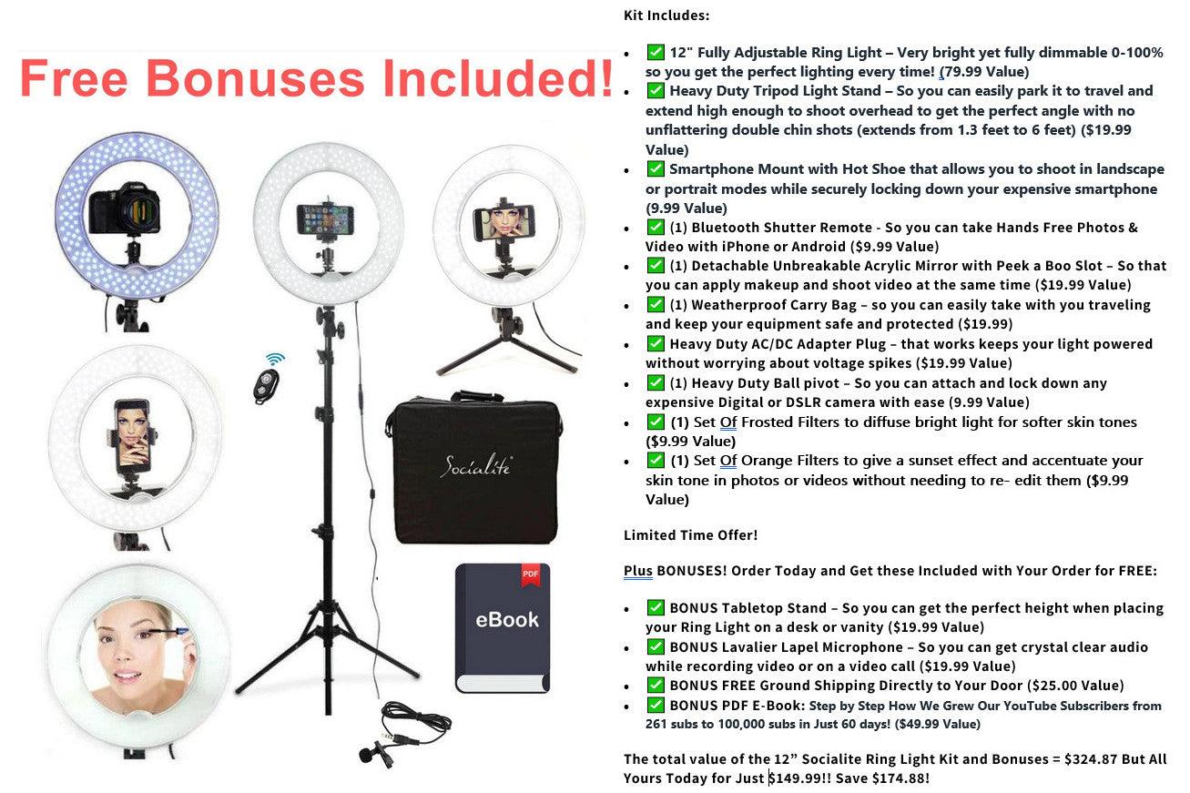 Details of Socialite 12 inch LED Ring light set with mirror, stand, remote, carry bag and bonuses