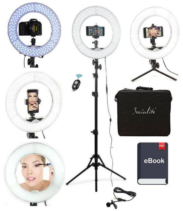 Socialite 12 inch LED Ring light set with mirror, stand, remote, carry bag and bonuses