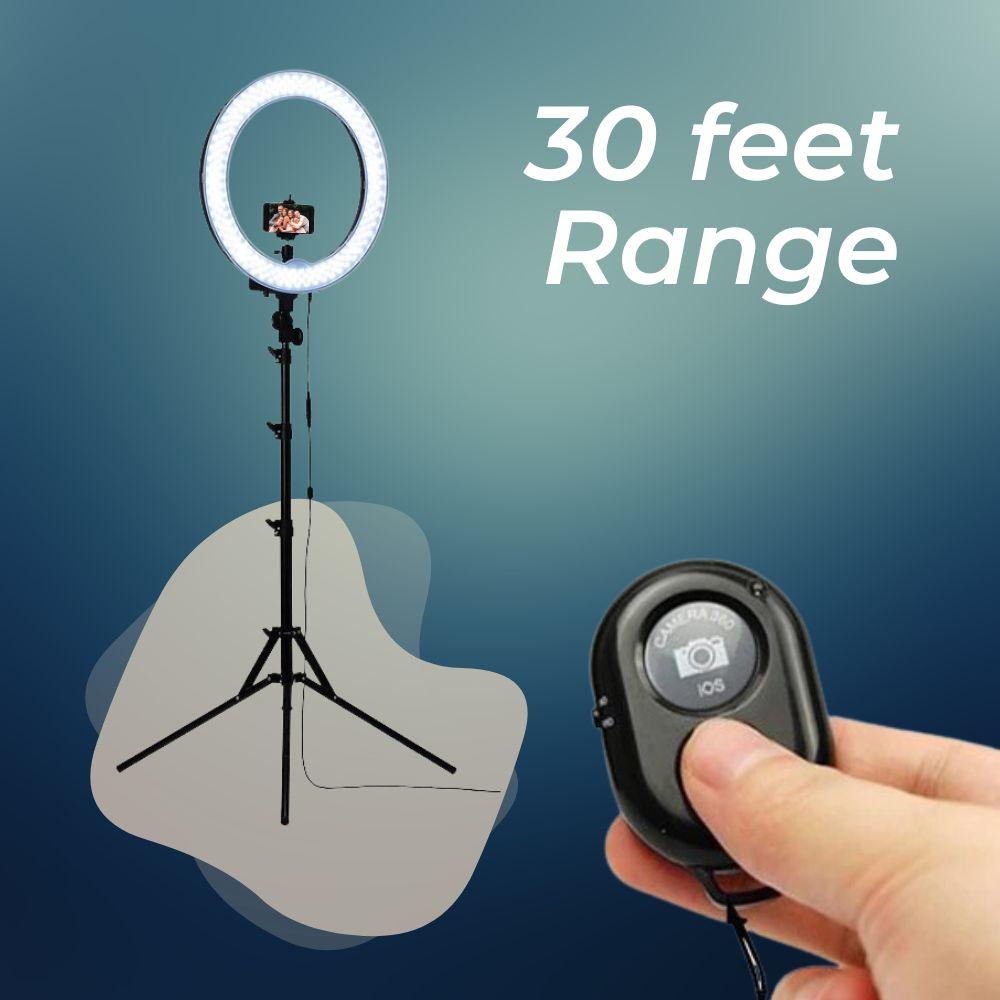 Bluetooth Camera Shutter Remote has 30 feet range from the phone attached to ring light