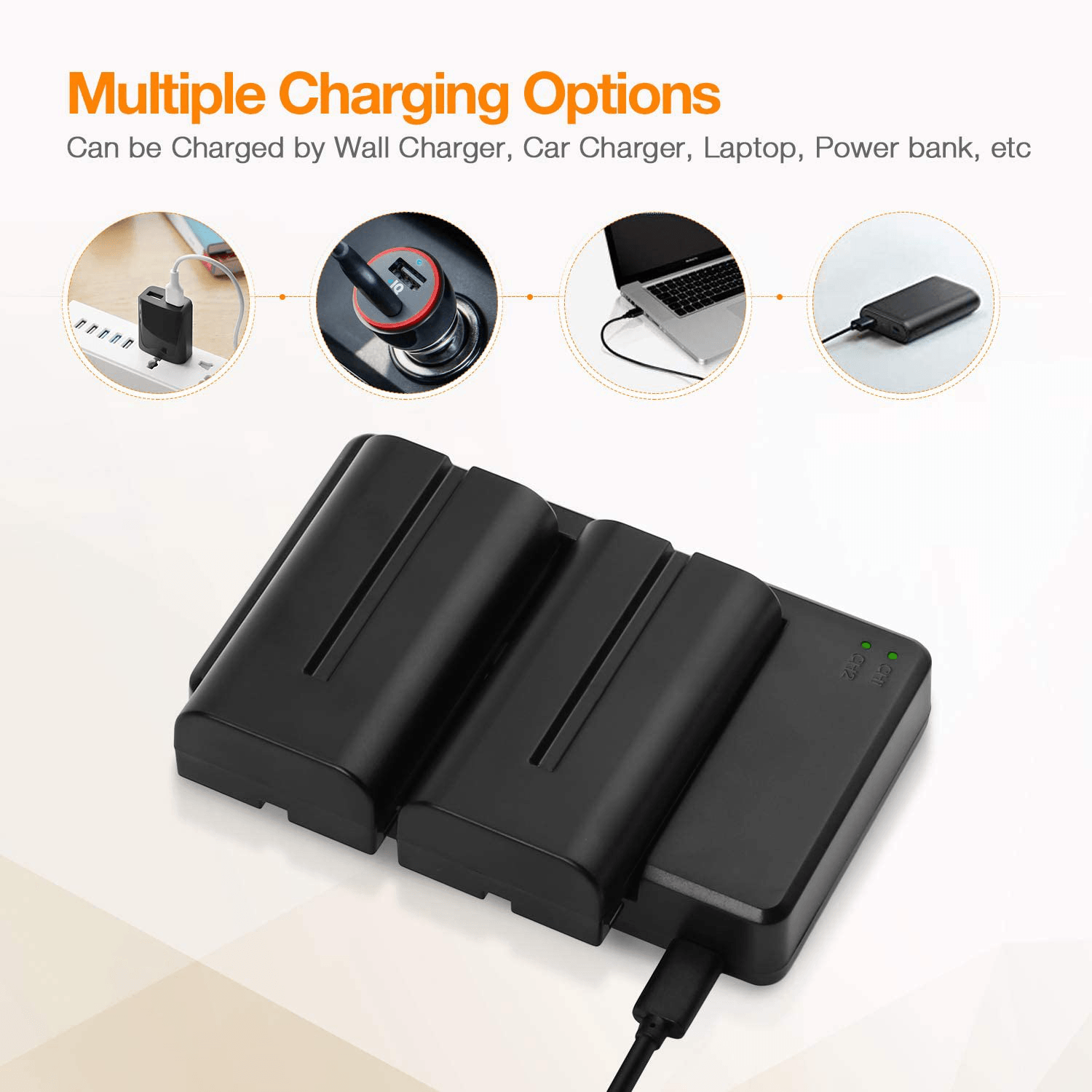can charge batteries by car, power bank, wall charger, laptop