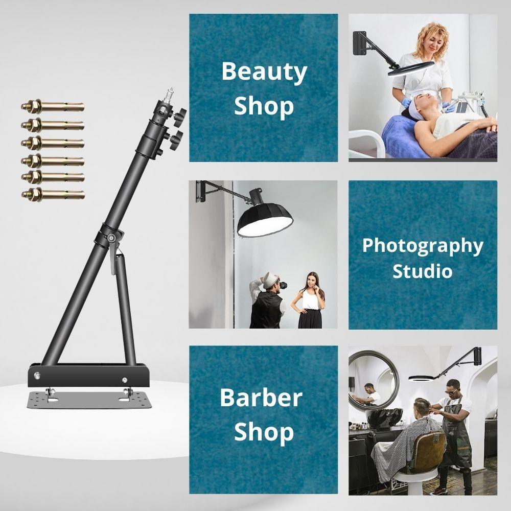 Multiple use of Wall Mount Boom Arm for Ring Light, Softbox, Photography Studio used in beauty shop and barber shop.