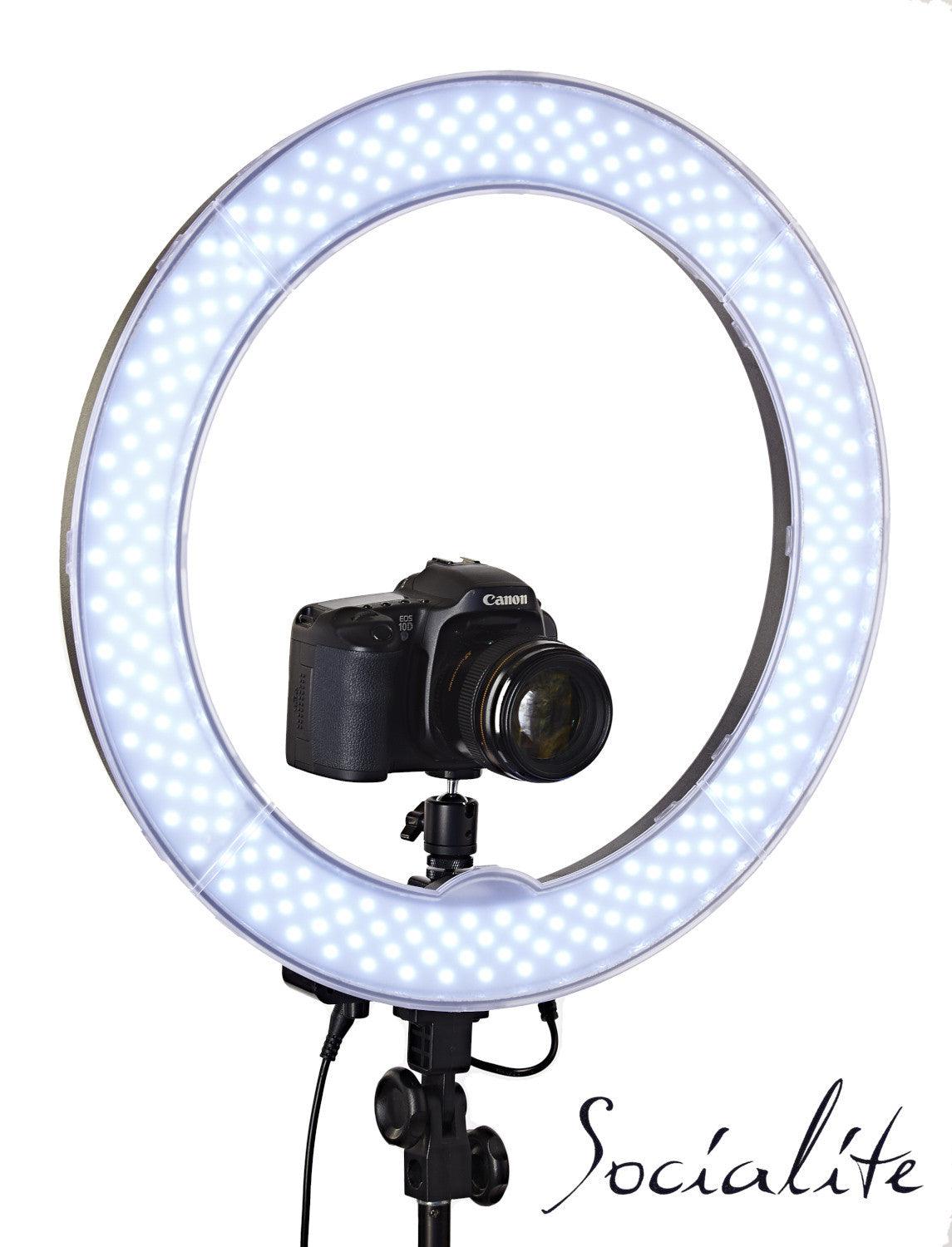 Socialite brand 18 inch ring light with DSLR camera closeup