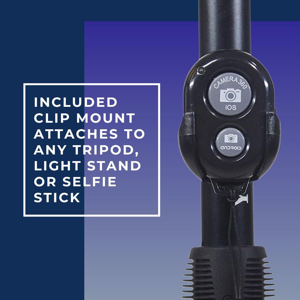 iPhone Bluetooth Camera Shutter Remote includes clip mount attaches to any tripod, light stand or selfie stick