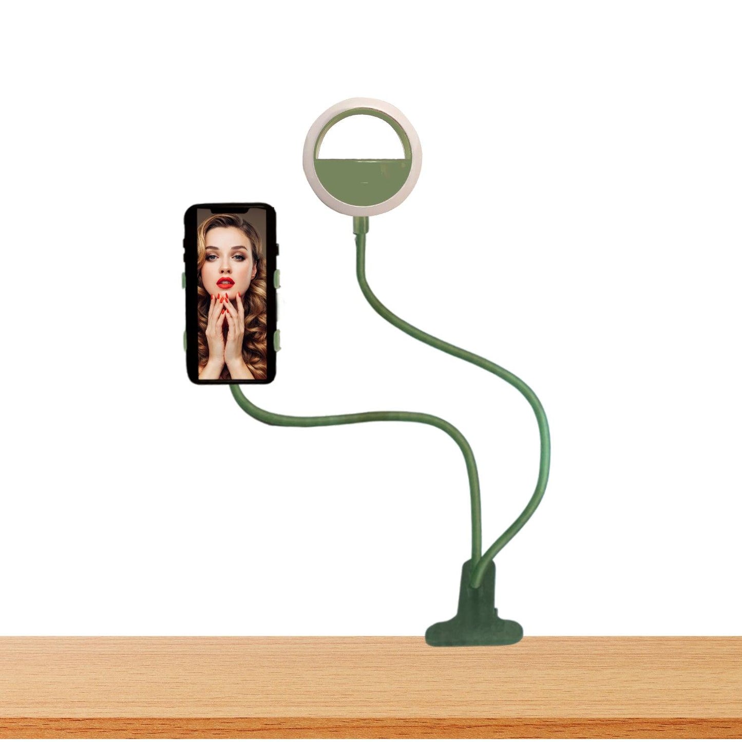 Woman use a Teal Flexible Arm Phone Holder Ring Light 
